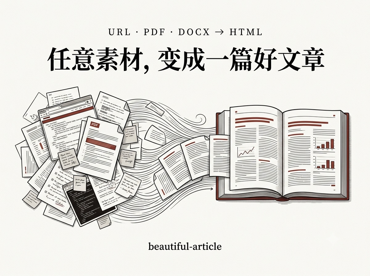 beautiful-article 封面:一堆散乱的原始素材(网页、PDF、文档、便签)沿流动的路径汇聚、转化成右侧一本排版精致的书